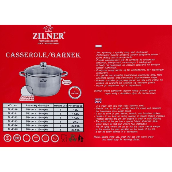 Garnek stalowy Zilner ZL-7311 14L 32cm 5-warstwowe dno do gotowania i duszenia