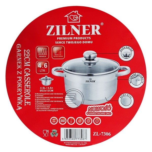 Garnek stalowy Zilner ZL-7306 4.6L 22cm dno 9-warstwowe do gotowania i duszenia