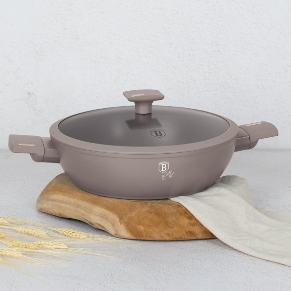 Garnk płytki, BerlingerHaus BH-8098 Taupe — do gotowania, 3,8 l z pokrywką 28 cm