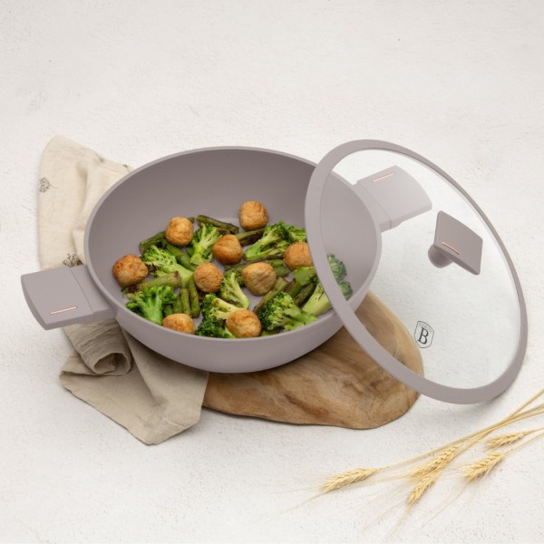 Garnk płytki, BerlingerHaus BH-8098 Taupe — do gotowania, 3,8 l z pokrywką 28 cm