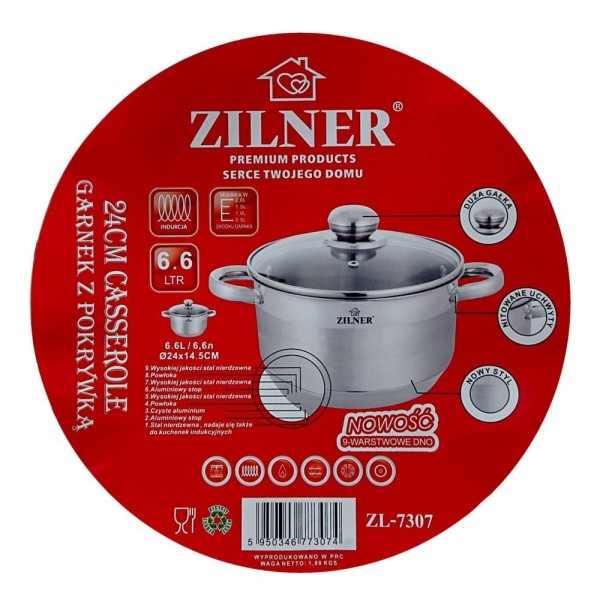Garnek stalowy Zilner ZL-7307 6.1L 24cm do gotowania na kuchence z dnem 9-warstwowym