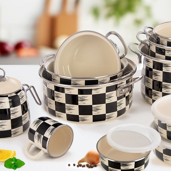 Garnek emaliowany, Orion 113340 Szachownica — tradycyjny garnek 20 cm 2,2 l, indukcja/gaz