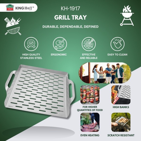 Піднос для грилю, KingHoff KH-1917, глибокий 37×31×4.6 см, нержавіюча сталь, для подачі та готування на грилі