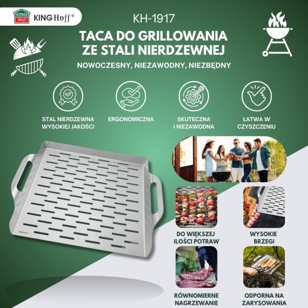 Піднос для грилю, KingHoff KH-1917, глибокий 37×31×4.6 см, нержавіюча сталь, для подачі та готування на грилі
