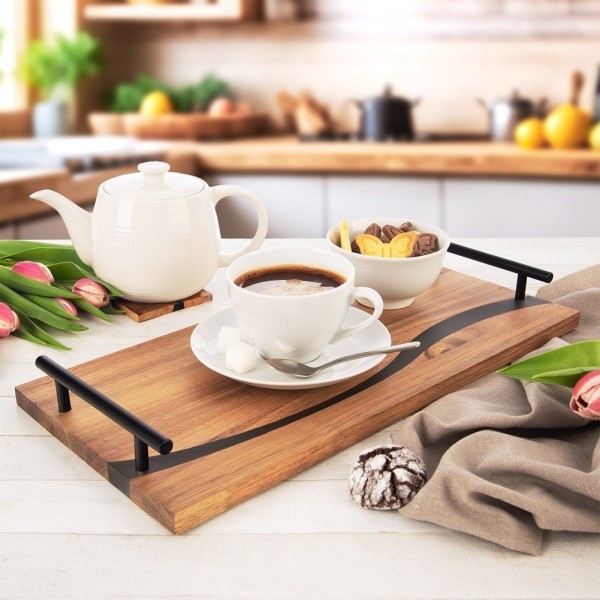 Піднос дерев'яний, Orion RIVER 42×20×4.5 см, зручний для сервірування закусок, з ручками