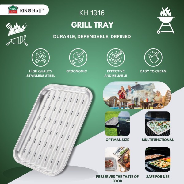 Піднос для грилю, Kinghoff KH-1916, багаторазовий 34×24×2 см, нержавіюча сталь — для подавання та приготування на грилі