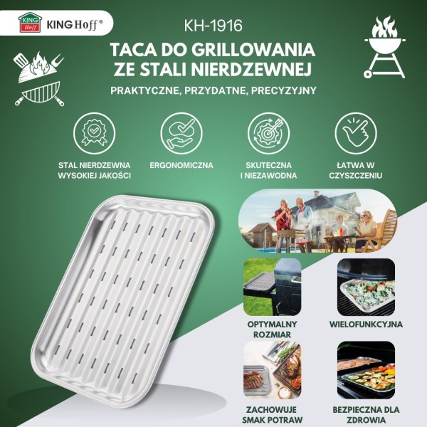 Піднос для грилю, Kinghoff KH-1916, багаторазовий 34×24×2 см, нержавіюча сталь — для подавання та приготування на грилі