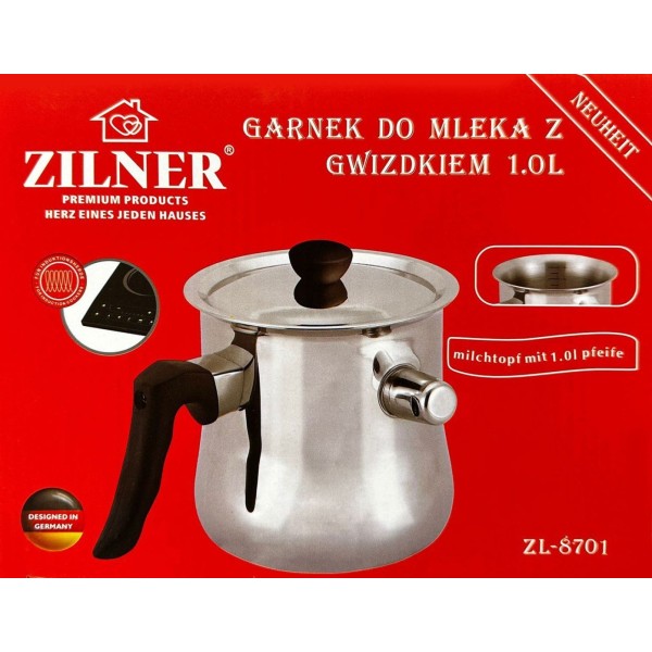 Garnek do mleka Zilner ZL-8701 z gwizdkiem i pokrywką, 1.0L do kuchenek indukcyjnych