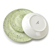 Komplet obiadowy Stripes Green 18 części 27/19/20 cm miska 550 ml do codziennych posiłków