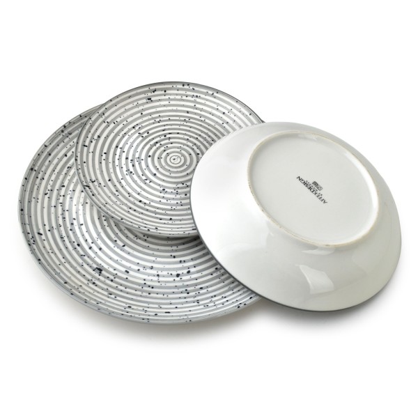 Komplet obiadowy Stripes Grey 18 części - zestaw talerzy i misek 27/19/20 cm, miska 550 ml do serwowania posiłków
