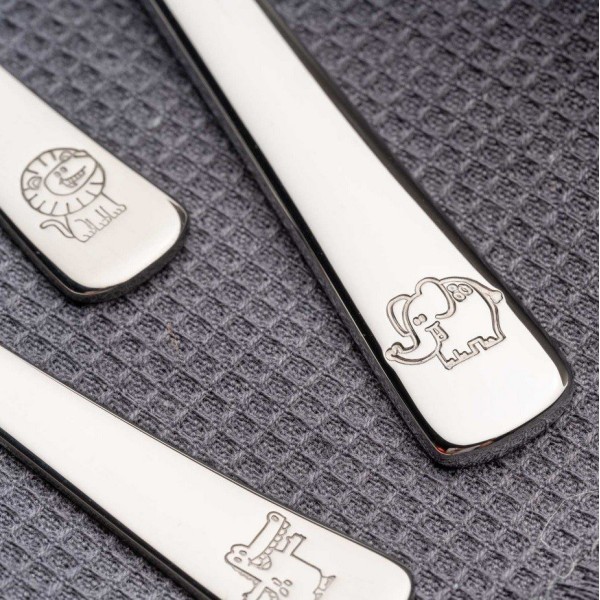 Набір столових приладів Bambini Leonardo 4 шт для дітей з малюнками крокодила, лева, слона Набір столових приладів Bambini Leonardo 4 шт для дітей з малюнками крокодила, лева, слона