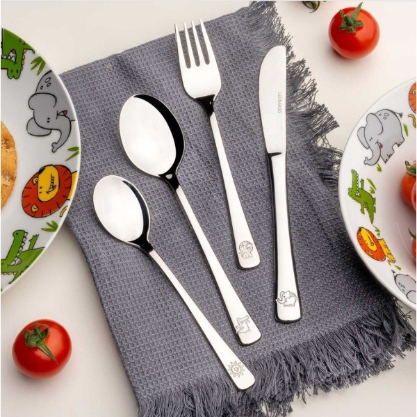 Набір столових приладів Bambini Leonardo 4 шт для дітей з малюнками крокодила, лева, слона Набір столових приладів Bambini Leonardo 4 шт для дітей з малюнками крокодила, лева, слона