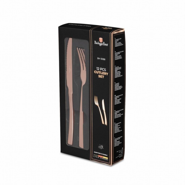 Zestaw sztućców Berlinger Haus Rose Gold BH-3088 do steków i mięs, 12 el. dla 6 osób, błyszczące różowe złoto, idealny na rodzinne obiady i grill
