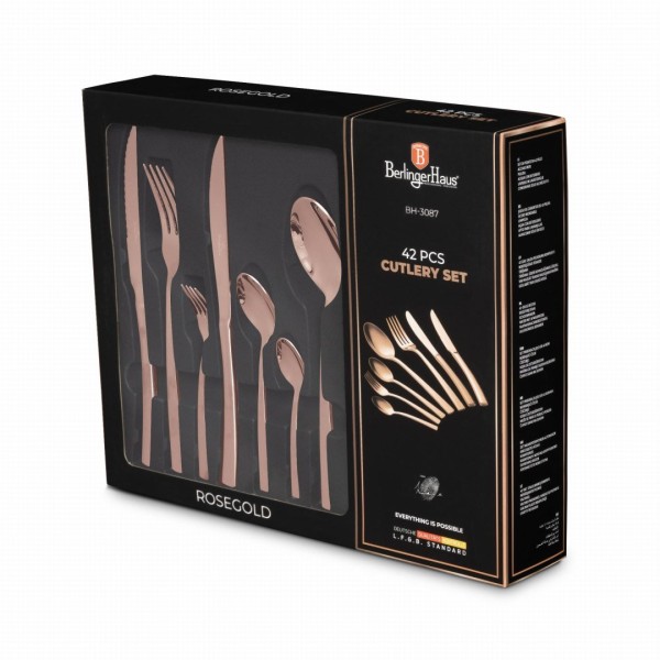 Komplet sztućców Berlinger Haus Rose Gold BH-3087, 42 elementy, dla 6 osób, błyszczące różowe złoto, do eleganckiego nakrycia stołu