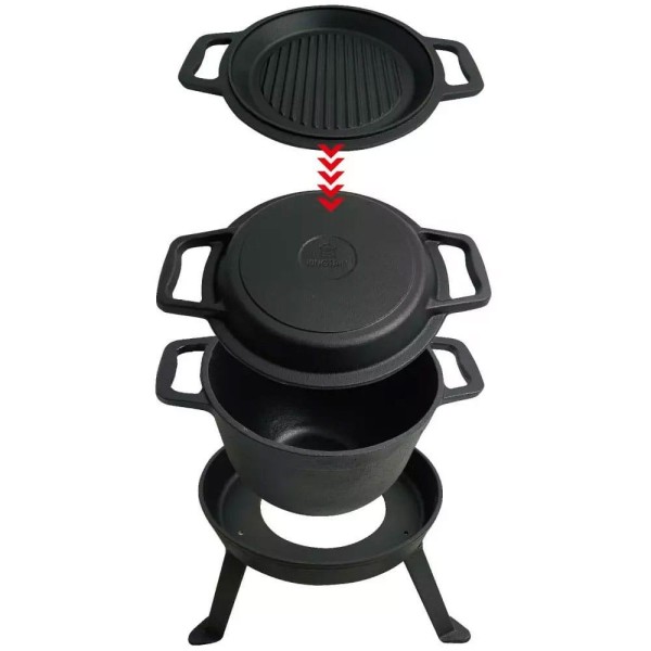 Kociołek Żeliwny Kinghoff KH-1734 Myśliwski 10L z Patelnia Grill 2w1 do Gotowania i Grillowania