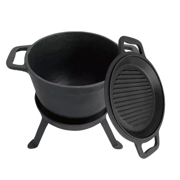 Kociołek Żeliwny Kinghoff KH-1733 8.0L z Patelnią Grill 2 w 1 do Gotowania i Grillowania na Ognisku