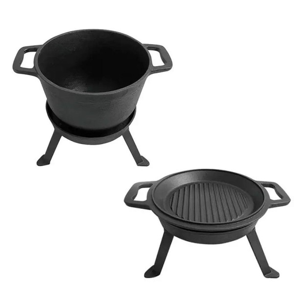 Kociołek Żeliwny Kinghoff KH-1733 8.0L z Patelnią Grill 2 w 1 do Gotowania i Grillowania na Ognisku
