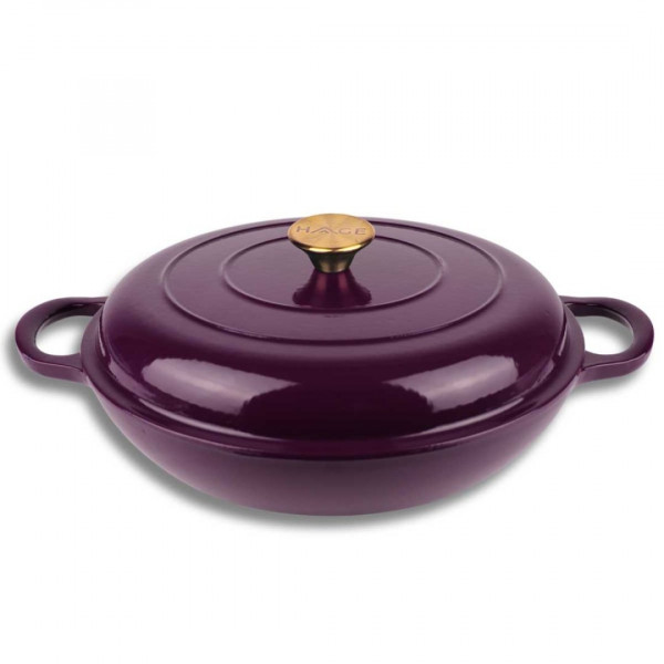 EMALIOWANY GARNEK ŻELIWNY PŁASKI 30cm 3L HAGE EGGPLANT