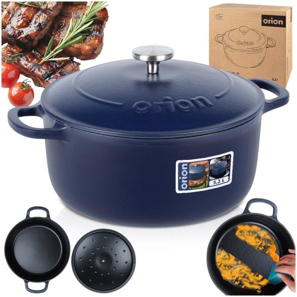 Garnek żeliwny, LITINA ORION 113348 — 26 cm, 5.2 L, z pokrywką, emaliowany, indukcja