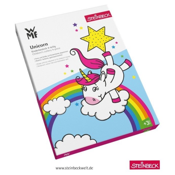 Komplet sztućców WMF Jednorożec 4 elementy dla dzieci (widelec, łyżka, łyżeczka, nóż)