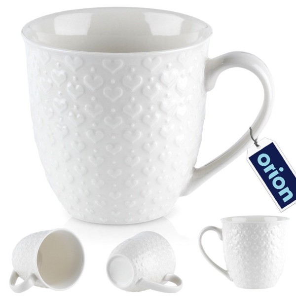 Kubek do kawy i herbaty ORION 128846, ceramiczny 580 ml, biały z sercami
