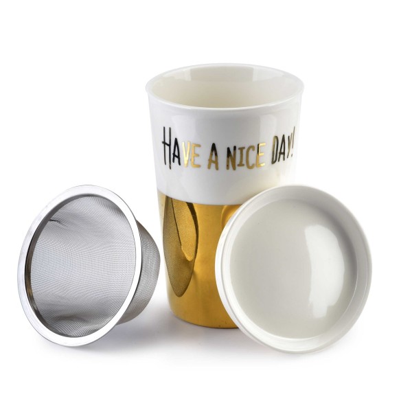 Kubek GOLD CHIC 410ml z pokrywką i zaparzaczem do parzenia herbaty