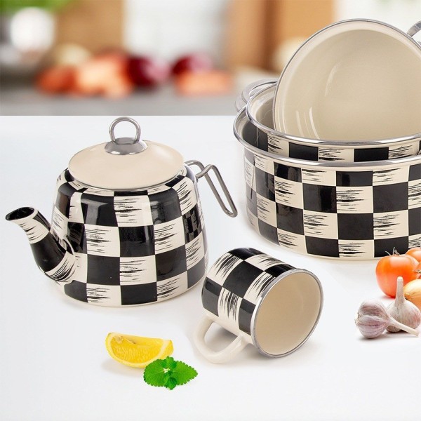 Kubek emaliowany, Orion SZACHOWNICA 112445 — do kawy i herbaty 400 ml